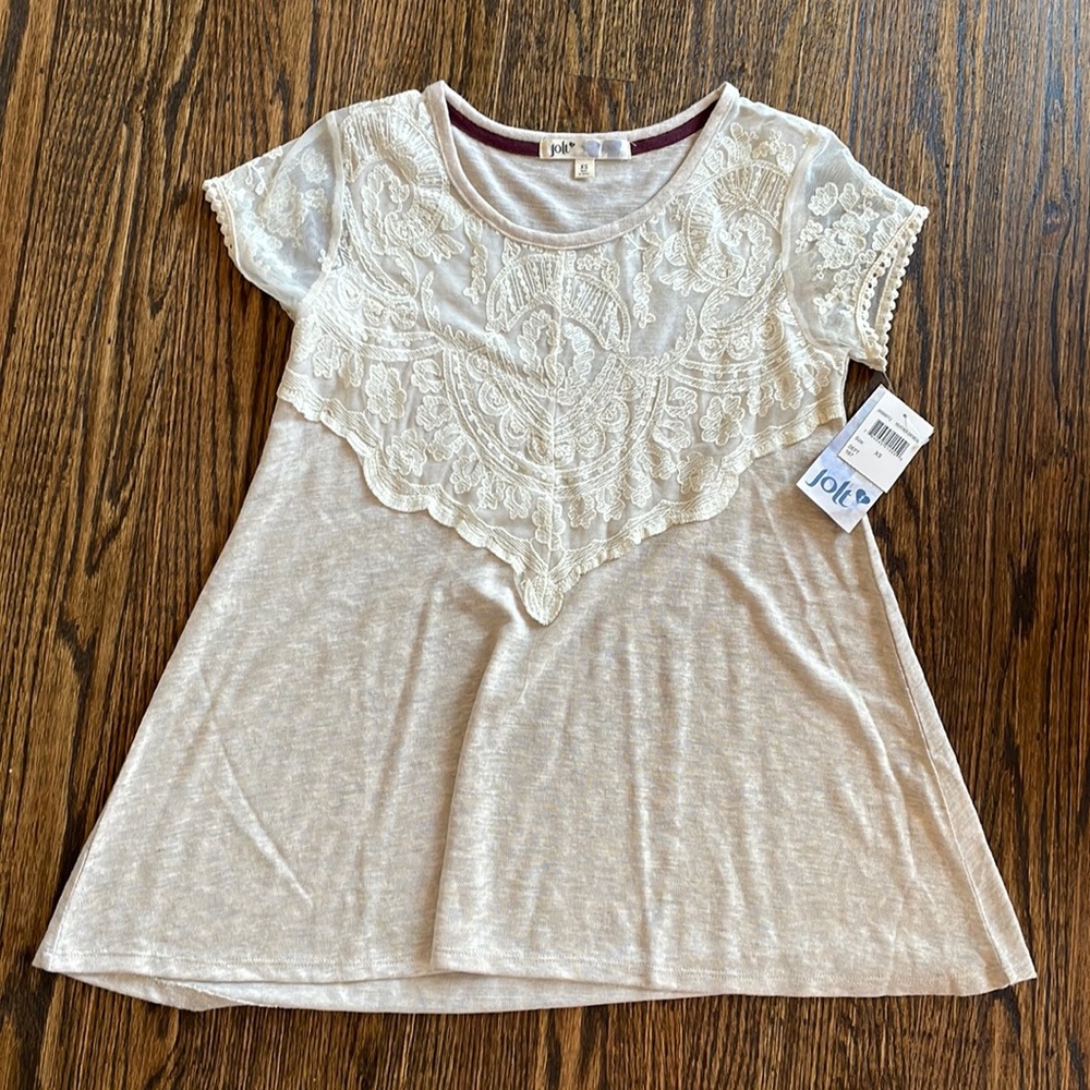NEW WITH TAGS! Jolt cream crocheted neck top!